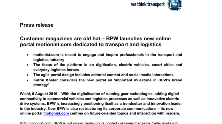 Customer magazines are old hat – BPW launches new online portal motionist.com dedicated to transport and logistics