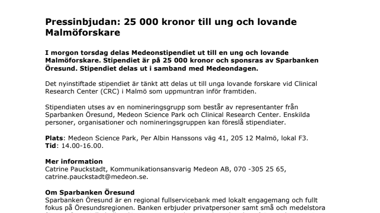 Pressinbjudan: 25 000 kronor till ung och lovande Malmöforskare