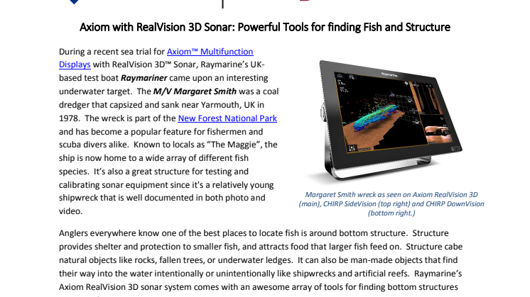 Raymarine: Axiom with RealVision 3D Sonar Proves Powerful Tool for finding Fish and Structure
