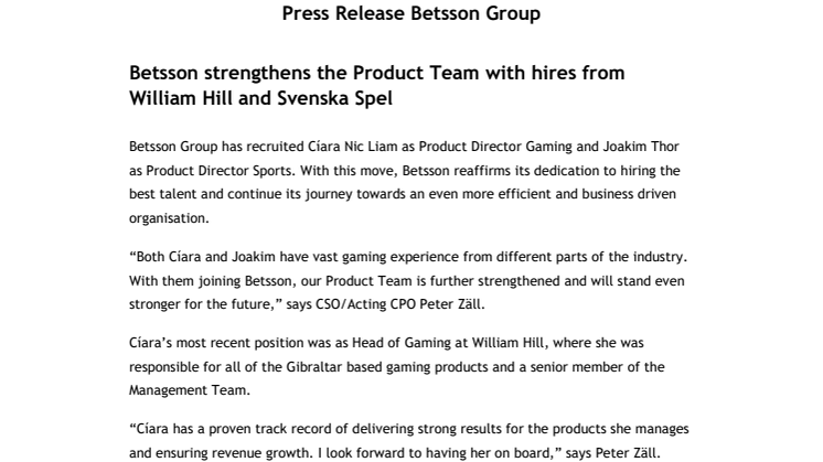 Betsson strengthens the Product Team with hires from William Hill and Svenska Spel