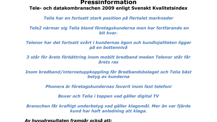 Svenskt Kvalitetsindex 2009: Så säger kunderna om sina data- och telekomoperatörer?