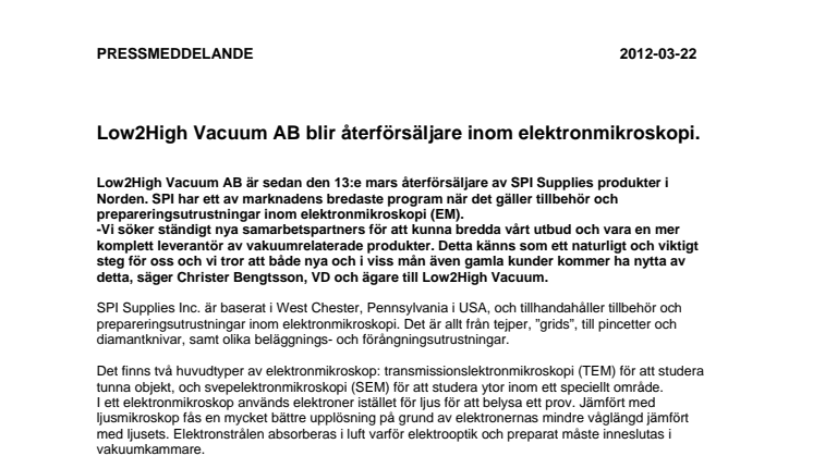 Low2High Vacuum återförsäljare inom elektronmikroskopi!