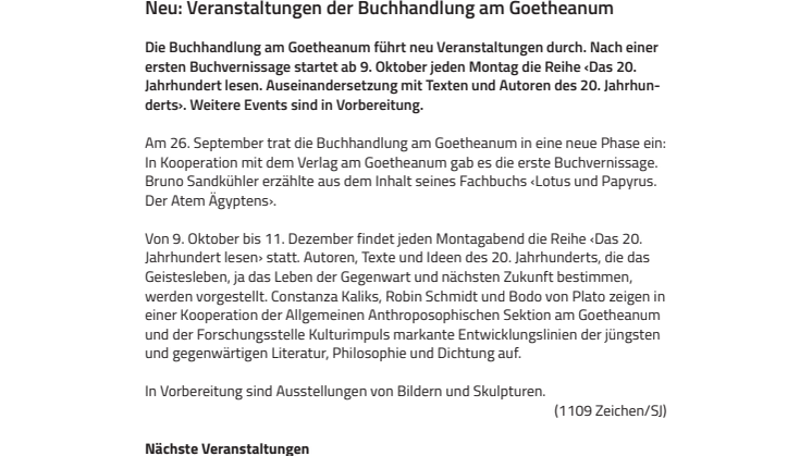 Neu: Veranstaltungen der Buchhandlung am Goetheanum