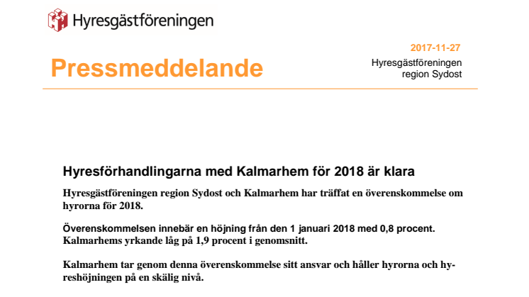 Hyresförhandlingarna med Kalmarhem för 2018 är klara