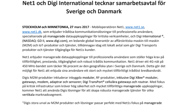 Net1 och Digi International tecknar samarbetsavtal för Sverige och Danmark