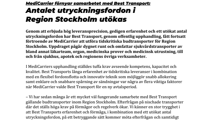 MediCarrier förnyar samarbetet med Best Transport: Antalet utryckningsfordon i  Region Stockholm utökas