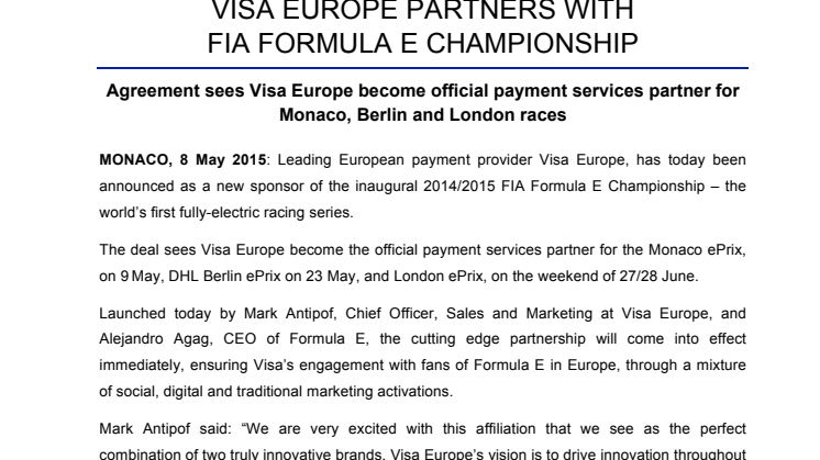 Visa Europe partners with FIA Formula E Championship