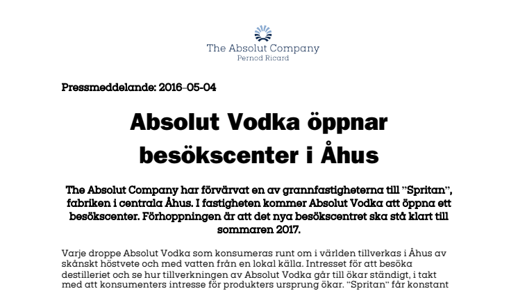 Absolut Vodka öppnar  besökscenter i Åhus 