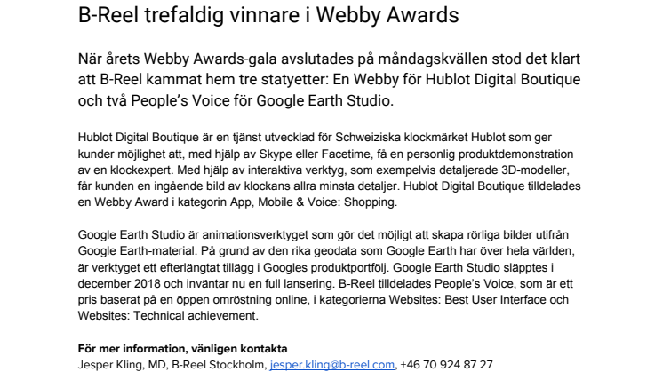 B-Reel trefaldig vinnare i Webby Awards
