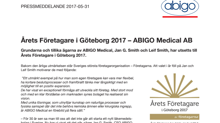 Årets Företagare i Göteborg 2017 – ABIGO Medical AB