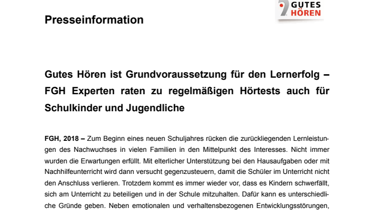 Gutes Hören ist Grundvoraussetzung für den Lernerfolg – FGH Experten raten zu regelmäßigen Hörtests auch für Schulkinder und Jugendliche