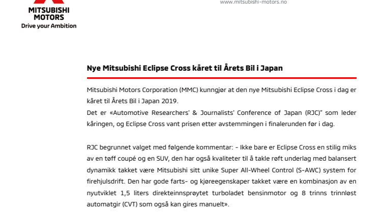 Nye Mitsubishi Eclipse Cross kåret til Årets Bil i Japan