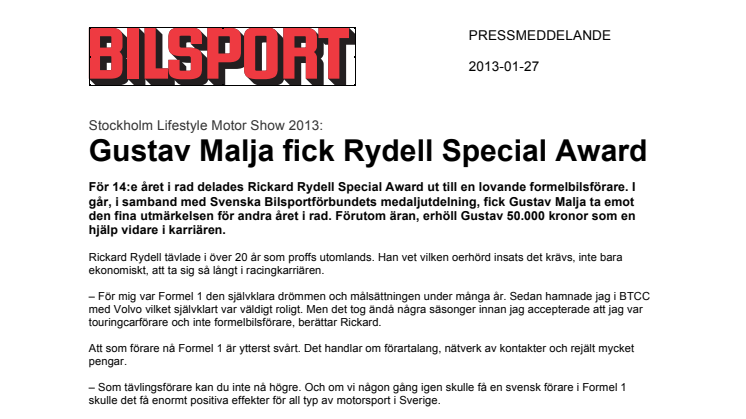 Gustav Malja fick  Rydell Special Award