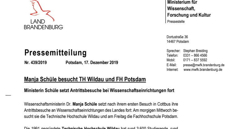 Manja Schüle besucht TH Wildau - Ministerin Schüle setzt Antrittsbesuche bei Wissenschaftseinrichtungen fort