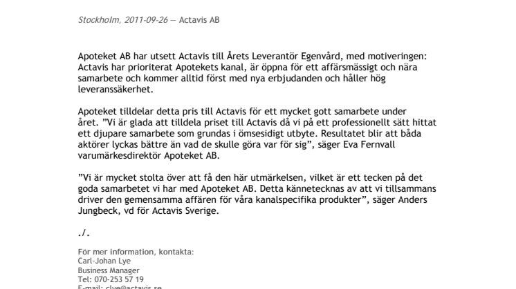 Actavis får pris av Apoteket AB 