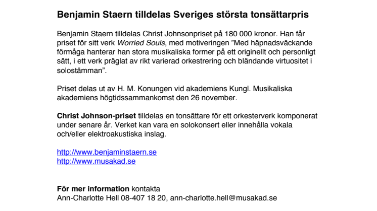 Benjamin Staern tilldelas Sveriges största tonsättarpris