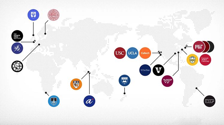 De 21 universitet och institut som samarbetar i Wellcome Leap-nätverket. 
