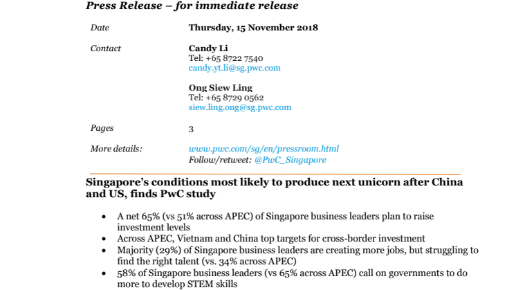 Singapore’s conditions most likely to produce next unicorn after China and US, finds PwC study 