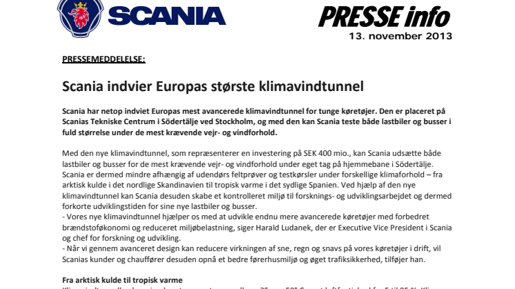 Scania indvier Europas største klimavindtunnel