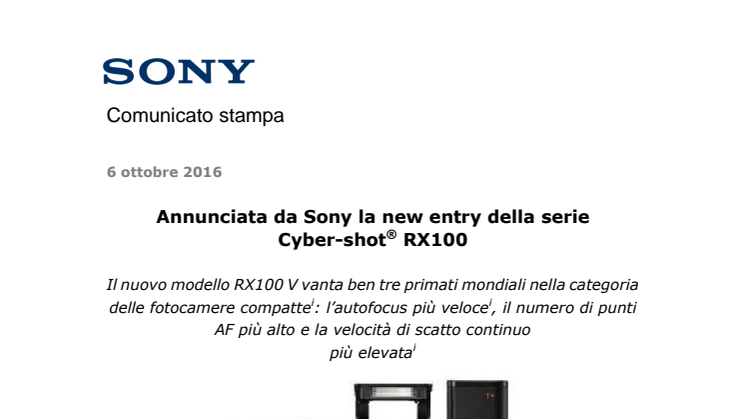 Annunciata da Sony la new entry della serie  Cyber-shot® RX100