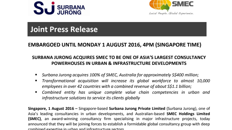 Surbana Jurong acquires SMEC to be one of Asia's largest consultancy powerhouses in urban & infrastructure developments