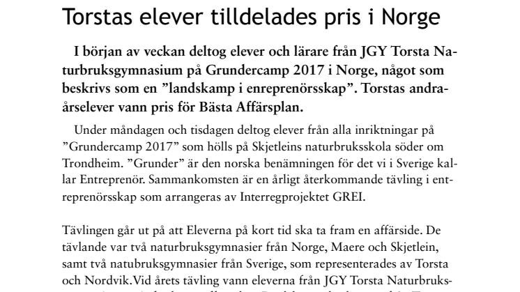 Torstas elever tilldelades pris i Norge