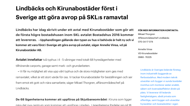 Lindbäcks och Kirunabostäder först i Sverige att göra avrop på SKL:s ramavtal
