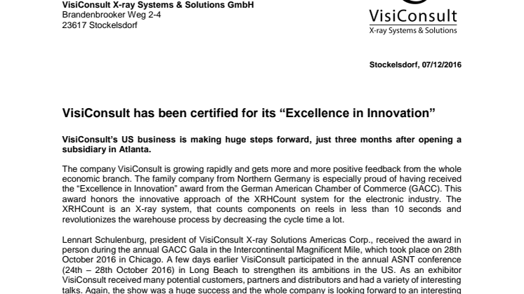 VisiConsult has been certified for its “Excellence in Innovation”