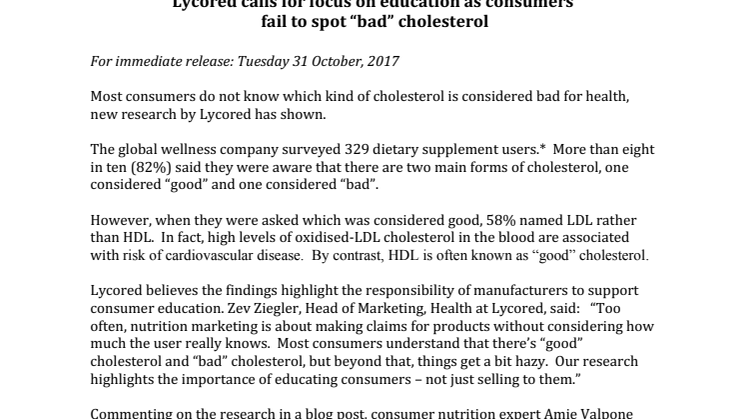 PRESS RELEASE: Lycored calls for focus on education as consumers  fail to spot “bad” cholesterol