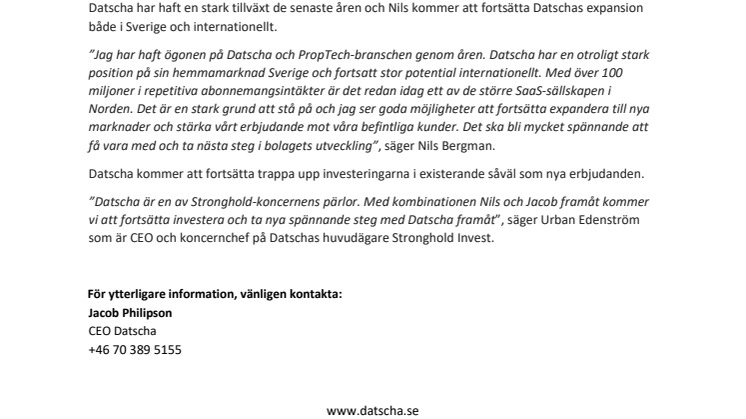 Nils Bergman blir ny VD på Datscha och nuvarande VD Jacob Philipson blir ny styrelseordförande