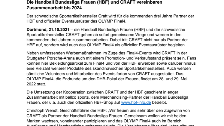 CRAFT_PM_Handball Bundesliga Frauen (HBF) und CRAFT vereinbaren Zusammenarbeit bis 2024