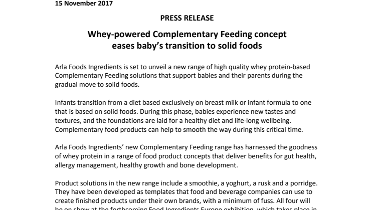 PRESS RELEASE – Whey-powered Complementary Feeding concept eases baby’s transition to solid foods