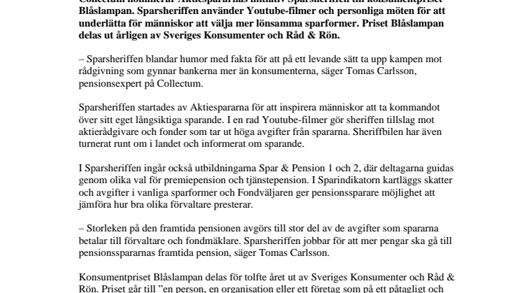 Collectum nominerar Sparsheriffen till Blåslampan 2014