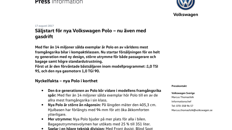 Säljstart för nya Volkswagen Polo – nu även med gasdrift