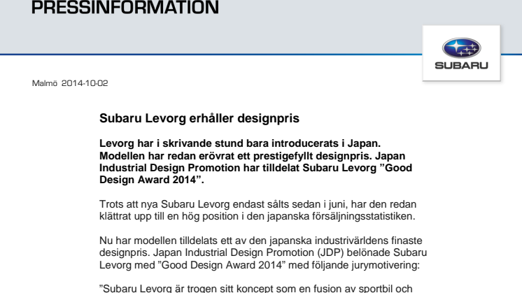 Subaru Levorg erhåller designpris
