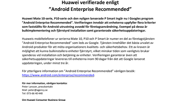 Huawei verifierade enligt ”Android Enterprise Recommended”