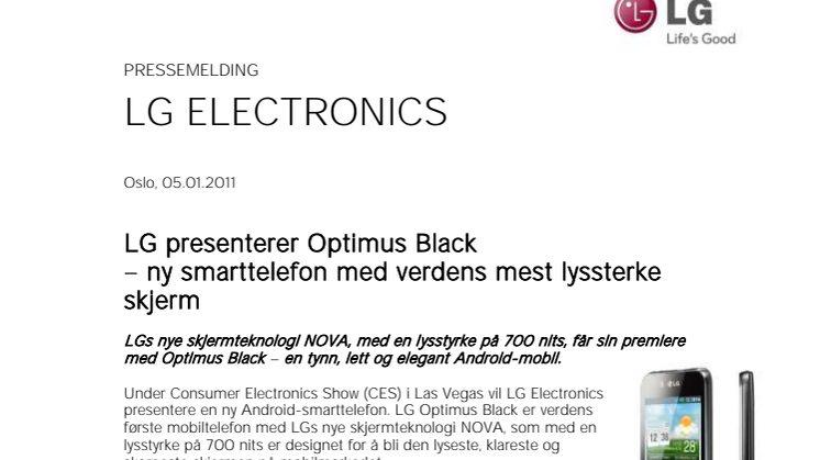 LG presenterer Optimus Black  – ny smarttelefon med verdens mest lyssterke skjerm