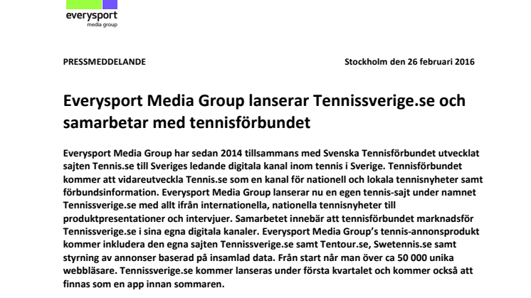​Everysport Media Group lanserar Tennissverige.se och samarbetar med tennisförbundet