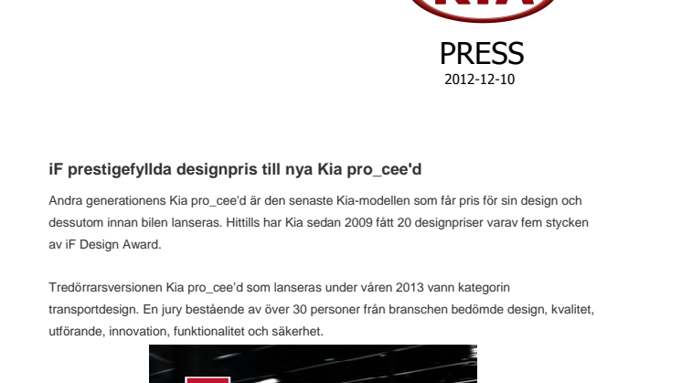 iF prestigefyllda designpris till nya Kia pro_cee'd