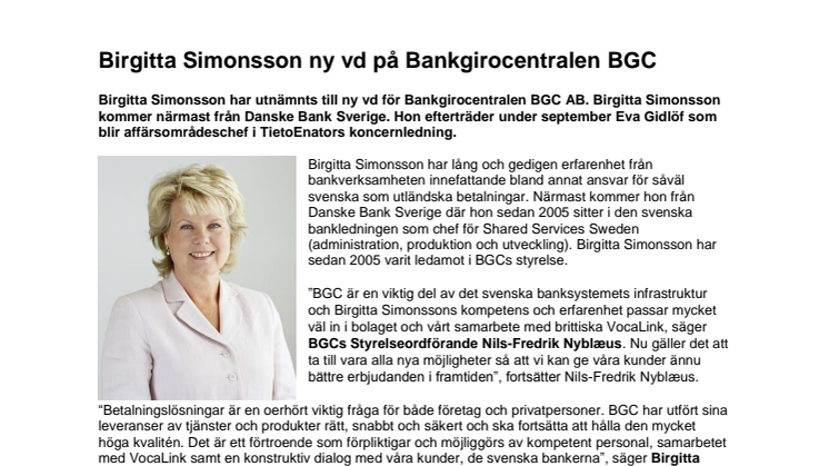 Birgitta Simonsson ny vd på Bankgirocentralen BGC