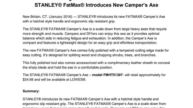 STANLEY® FatMax® Introduces New Camper’s Axe