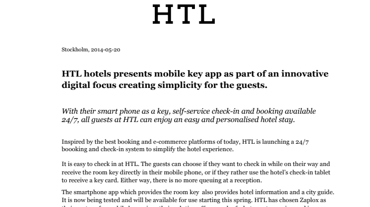 HTL hotels presents mobile key app as part of an innovative digital focus creating simplicity for the guests