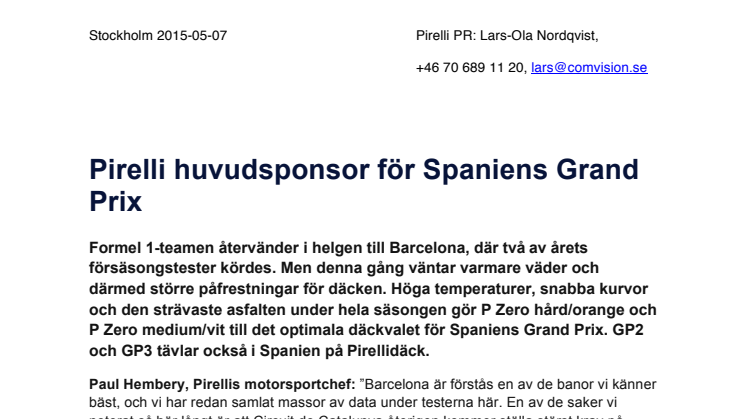 Pirelli huvudsponsor för Spaniens Grand Prix