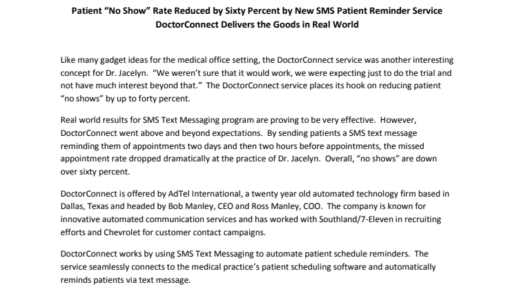 Patient “No Show” Rate Reduced by Sixty Percent by New SMS Patient Reminder Service