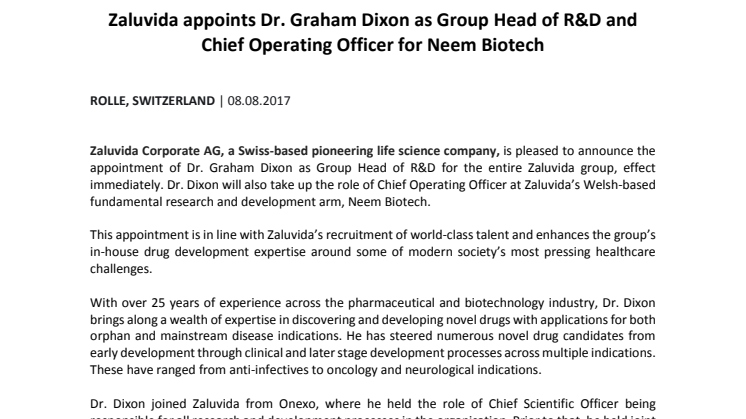 Zaluvida appoints Dr. Graham Dixon as Group Head of R&D and Chief Operating Officer for Neem Biotech