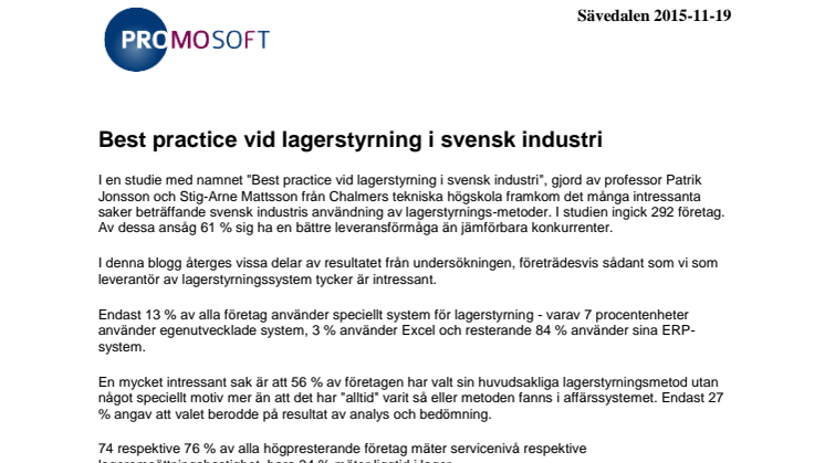 Best practice vid lagerstyrning i svensk industri