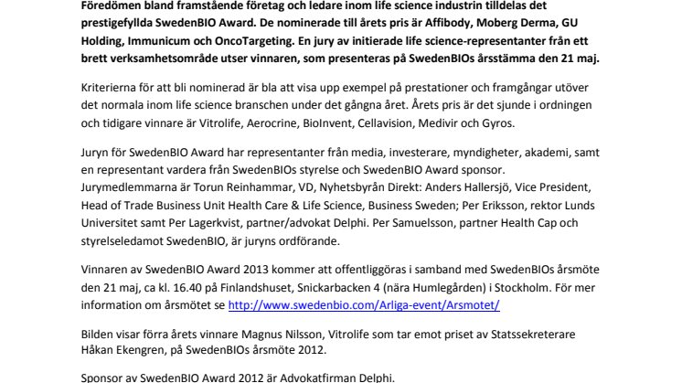 Fem nominerade bolag till SwedenBIO Award, life science branschens eget pris för framgångsrika företag