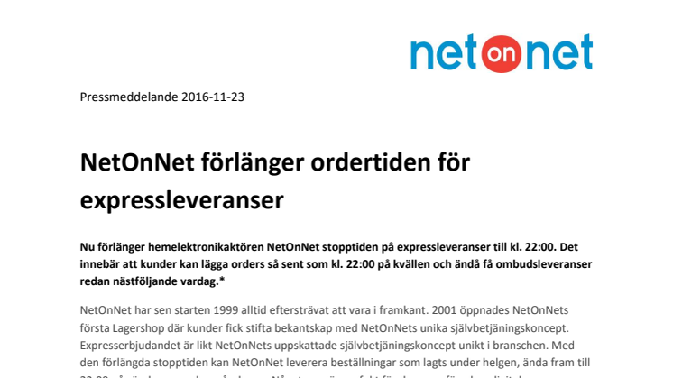 NetOnNet förlänger ordertiden för expressleveranser