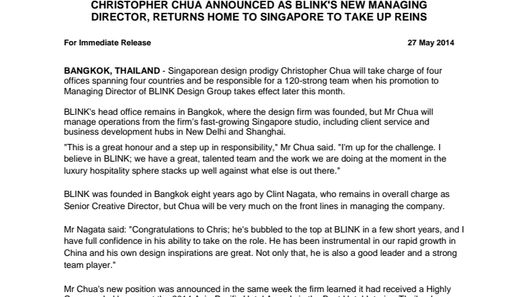 CHRISTOPHER CHUA ANNOUNCED AS BLINK'S NEW MANAGING DIRECTOR, RETURNS HOME TO SINGAPORE TO TAKE UP REINS