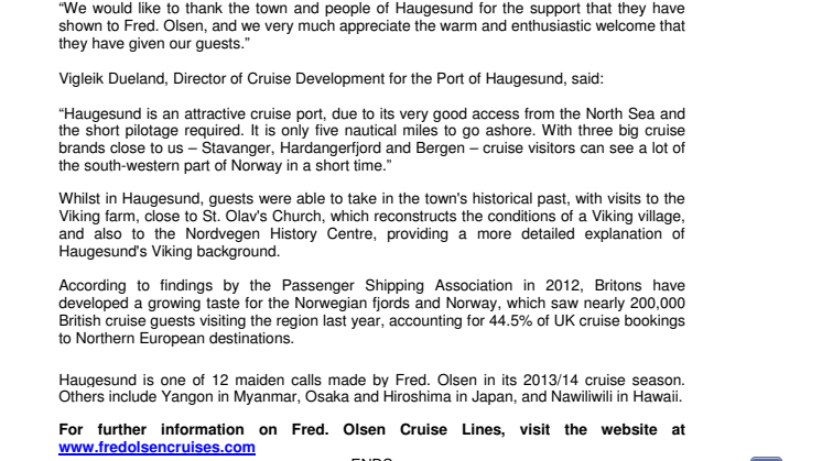 Fred. Olsen Cruise Lines’ Balmoral makes maiden call  at Haugesund, Norway